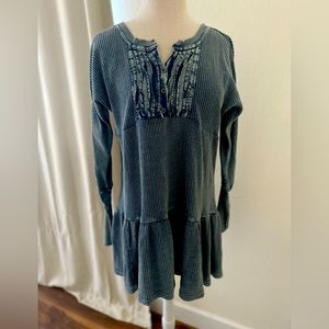 Free people long sleeve blue dress with ruffle on bottom